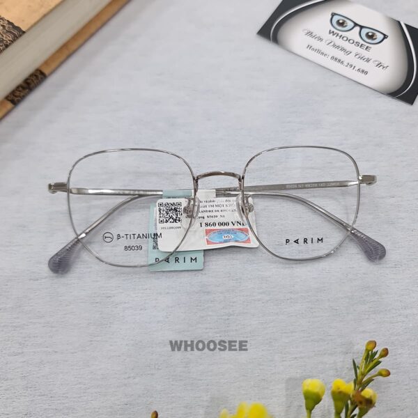 gọng kính cận titanium mắt vuông lục giác màu trắng bạc cho nam nữ parim 85039 n1 85728428